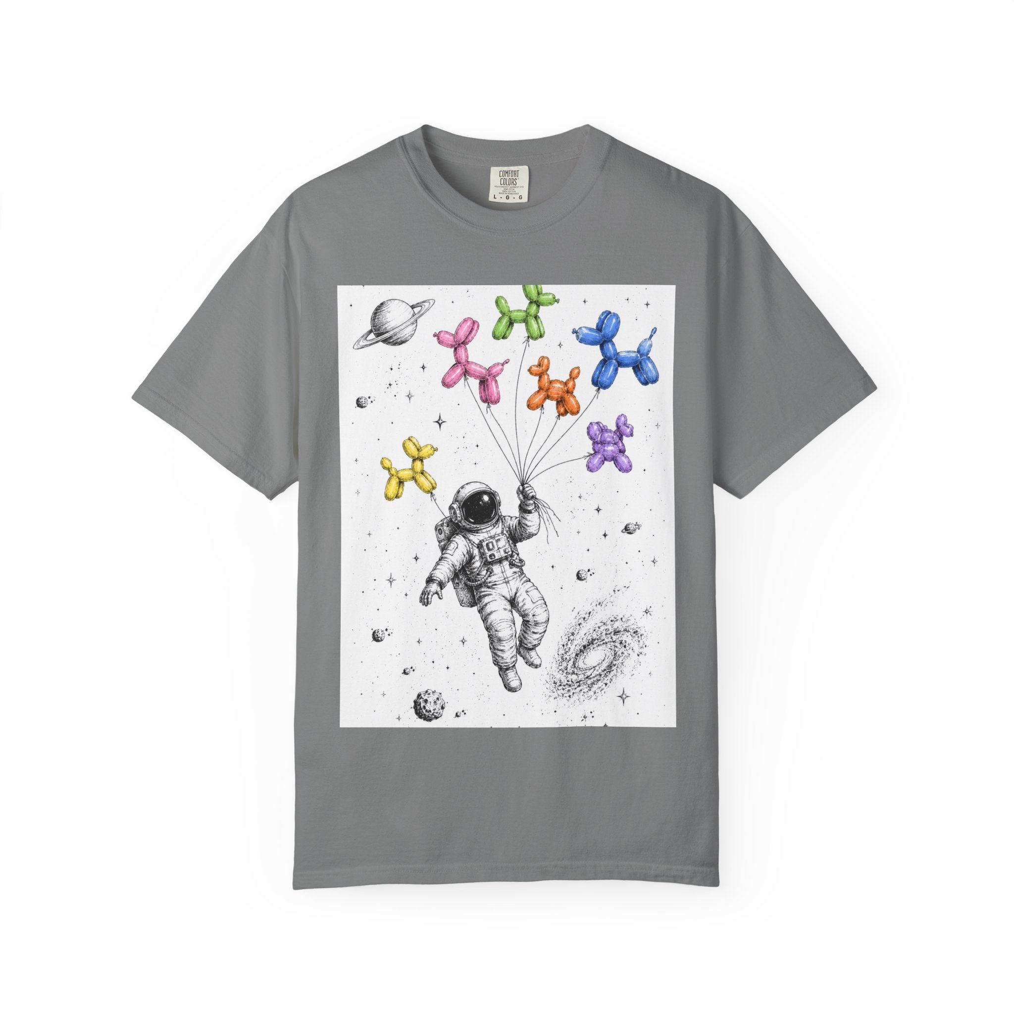 Astronaut Balloon Tee — Space Explorer with Colorful Balloon Dogs