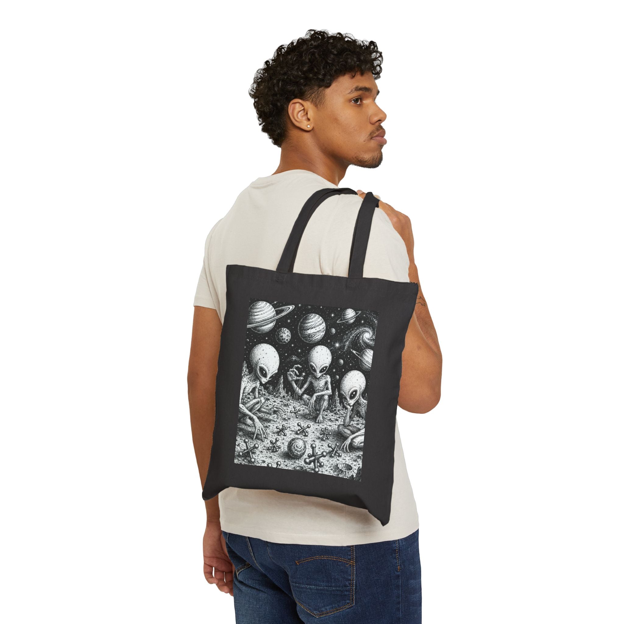 Alien Picnic Canvas Tote Bag — Cute Retro Space Aliens Illustration