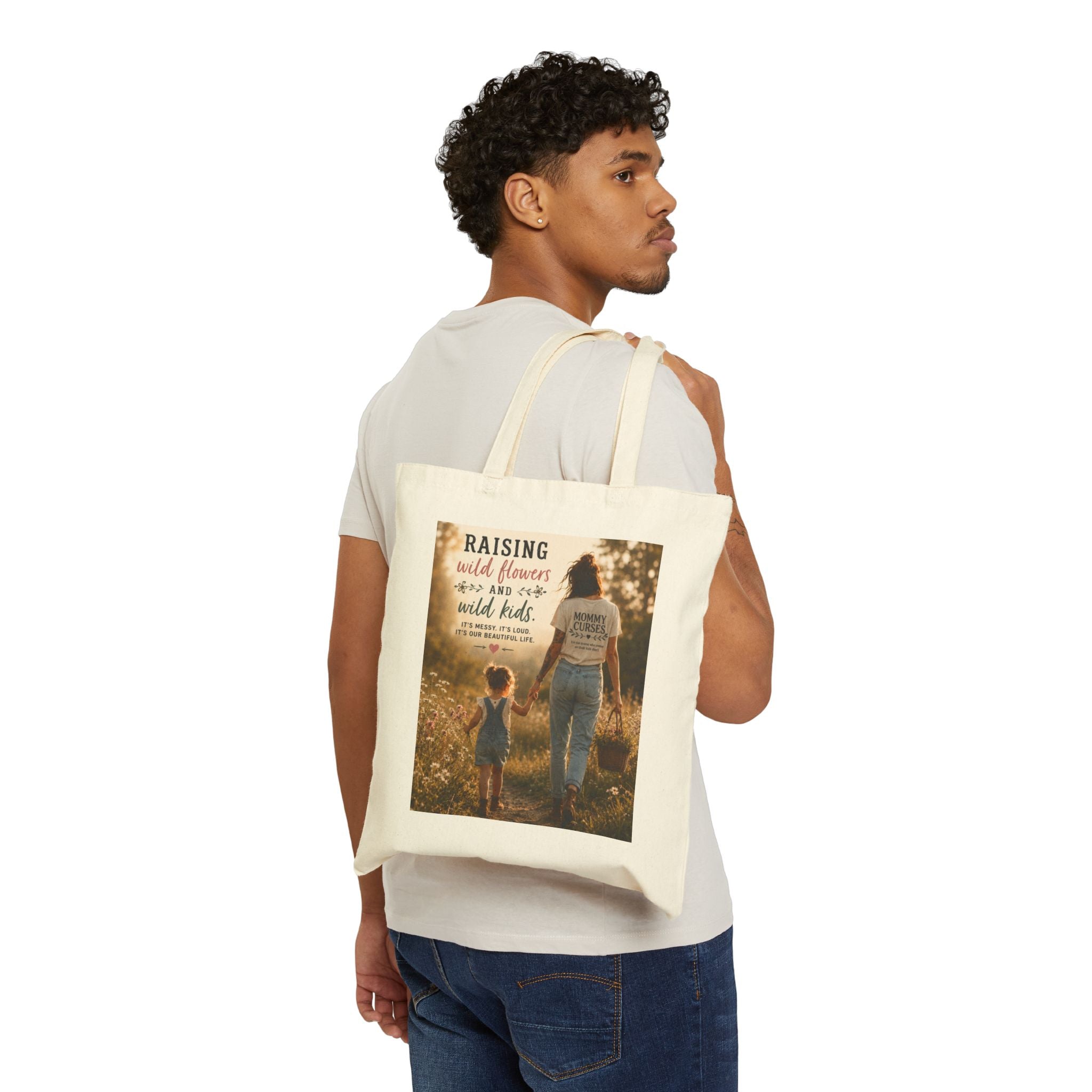 Tote Bag — "Raising Wild Flowers and Wild Kids" Rustic Mom & Child Canvas Tote