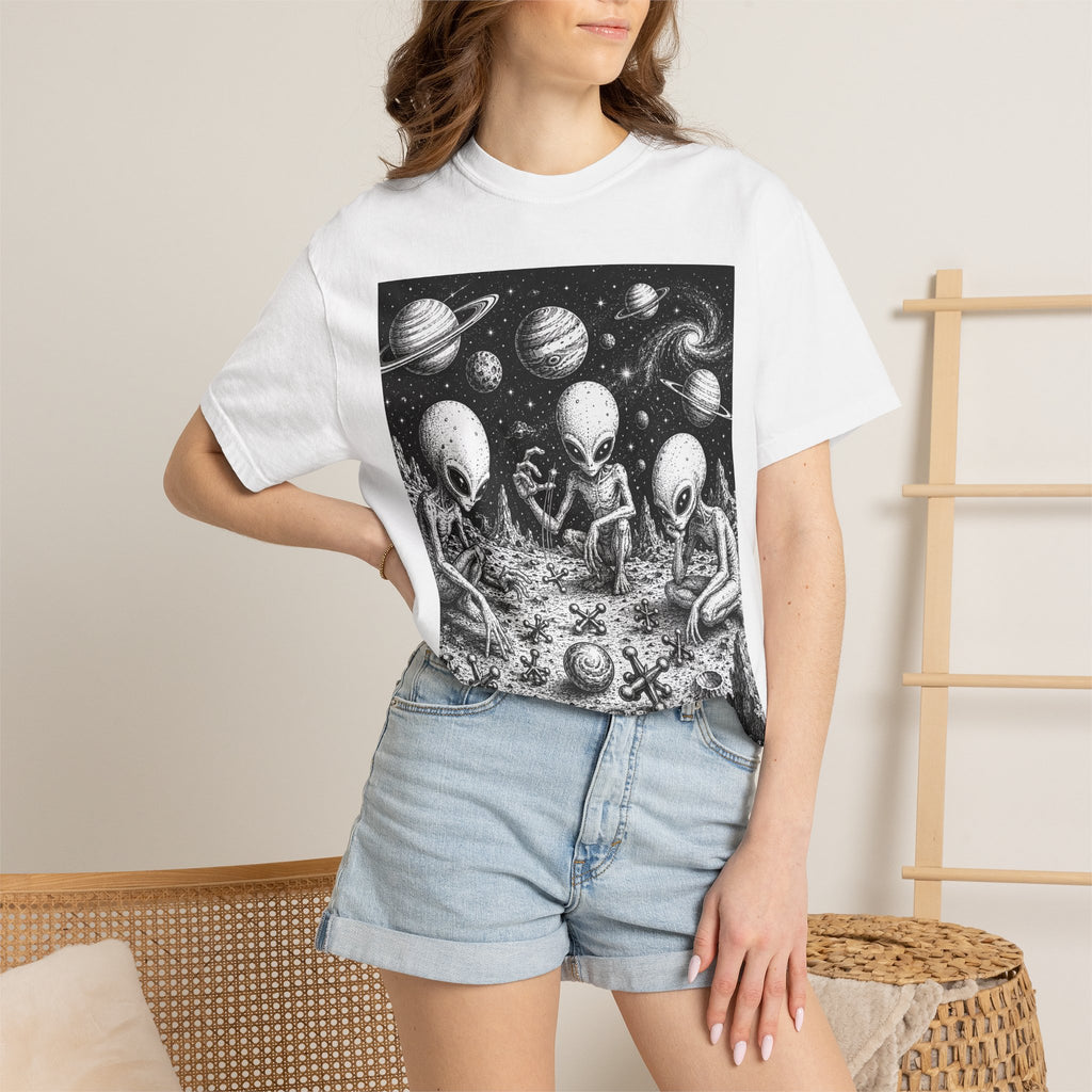 Alien Tea Party T-Shirt — Playful Retro Space Illustration