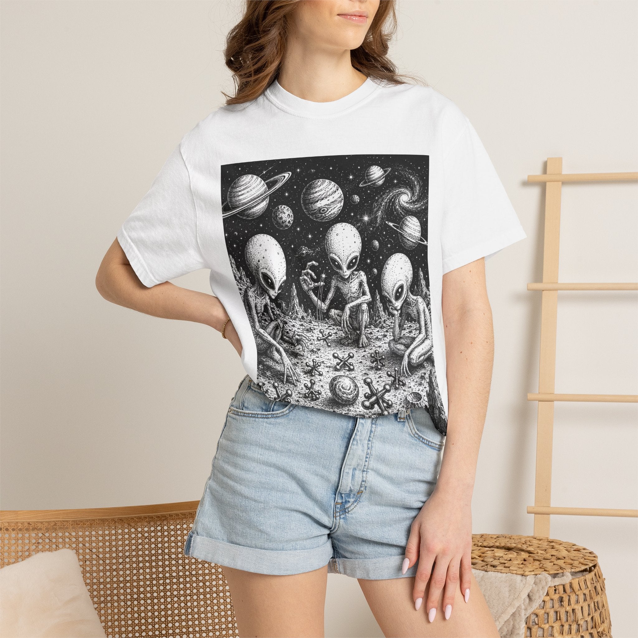 Alien Tea Party T-Shirt — Playful Retro Space Illustration
