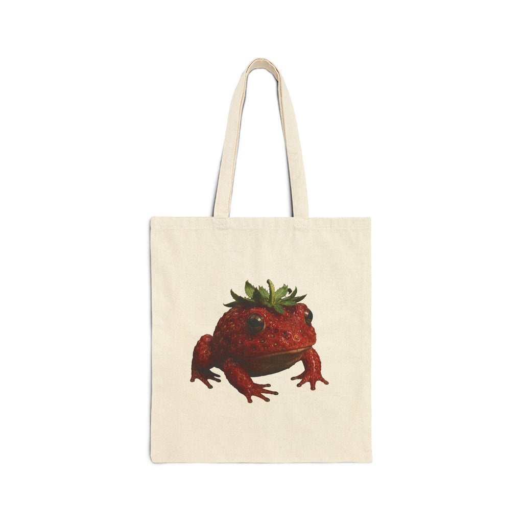 Strawberry Toad Canvas Tote Bag — Cute Botanical Amphibian Grocery Shopper