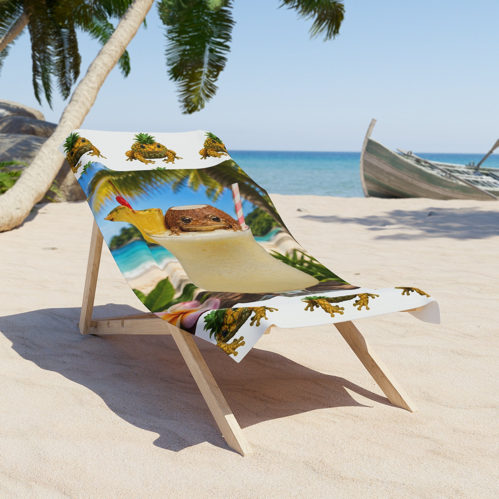 Pina Colada Coconut Frog Beach Towel — Tropical Cocktail Summer Pool Towel