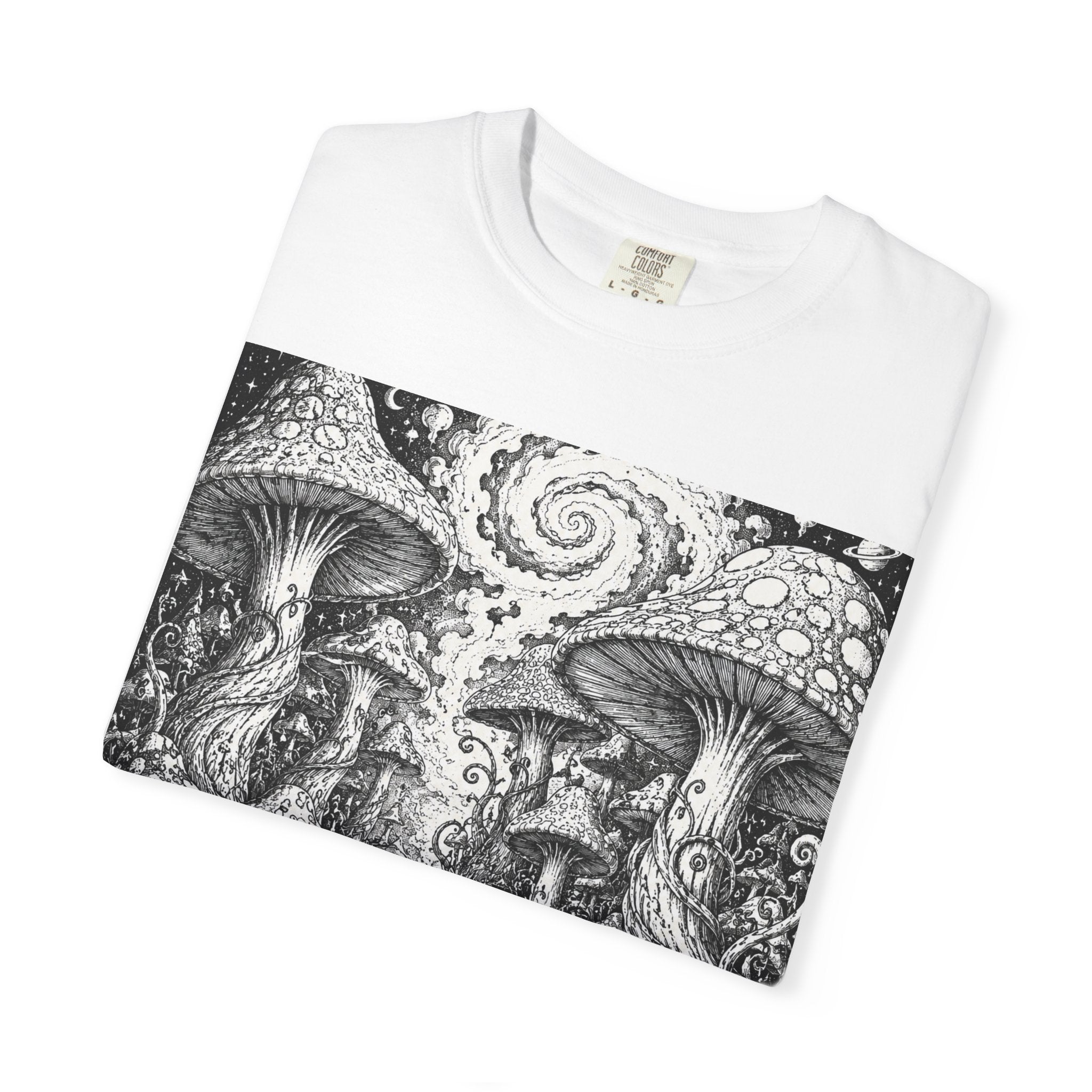 Psychedelic Mushroom Garden T-Shirt — Snail & Fungi Illustration