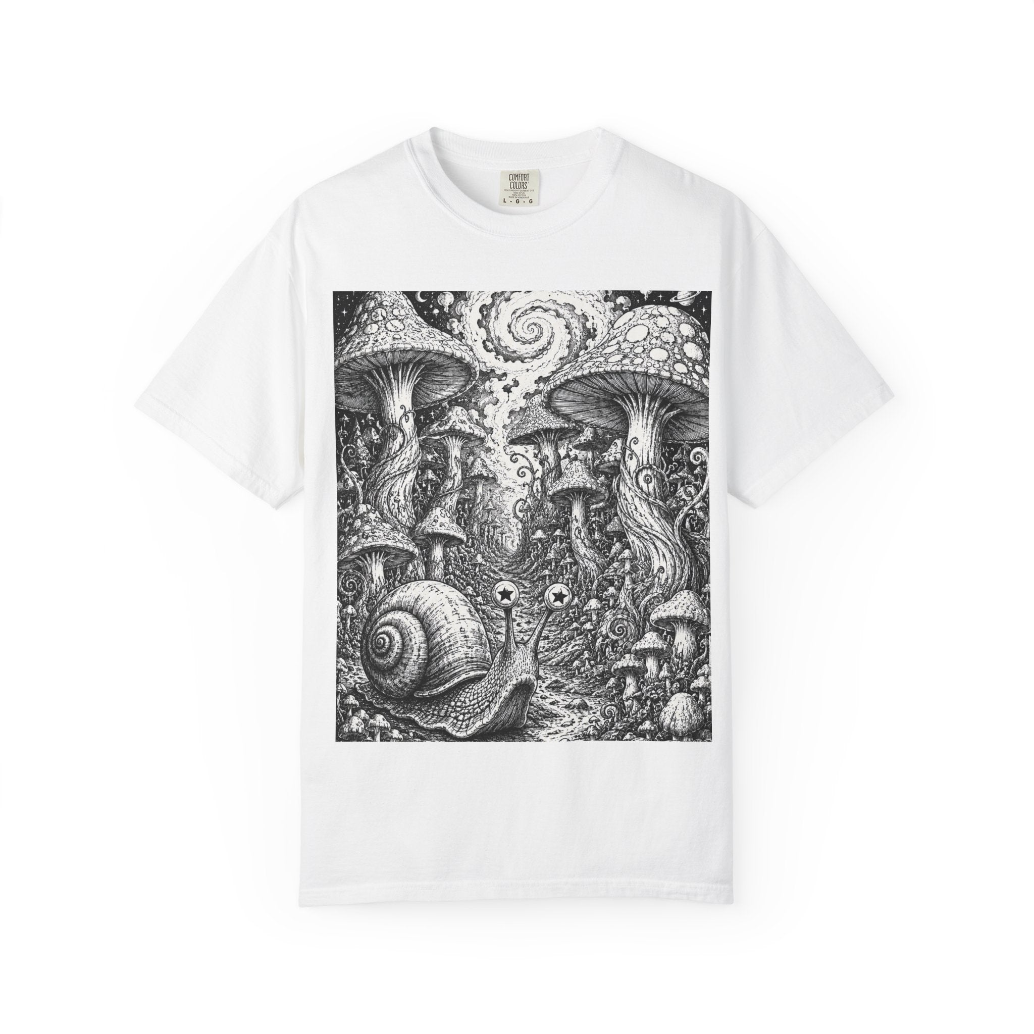 Psychedelic Mushroom Garden T-Shirt — Snail & Fungi Illustration
