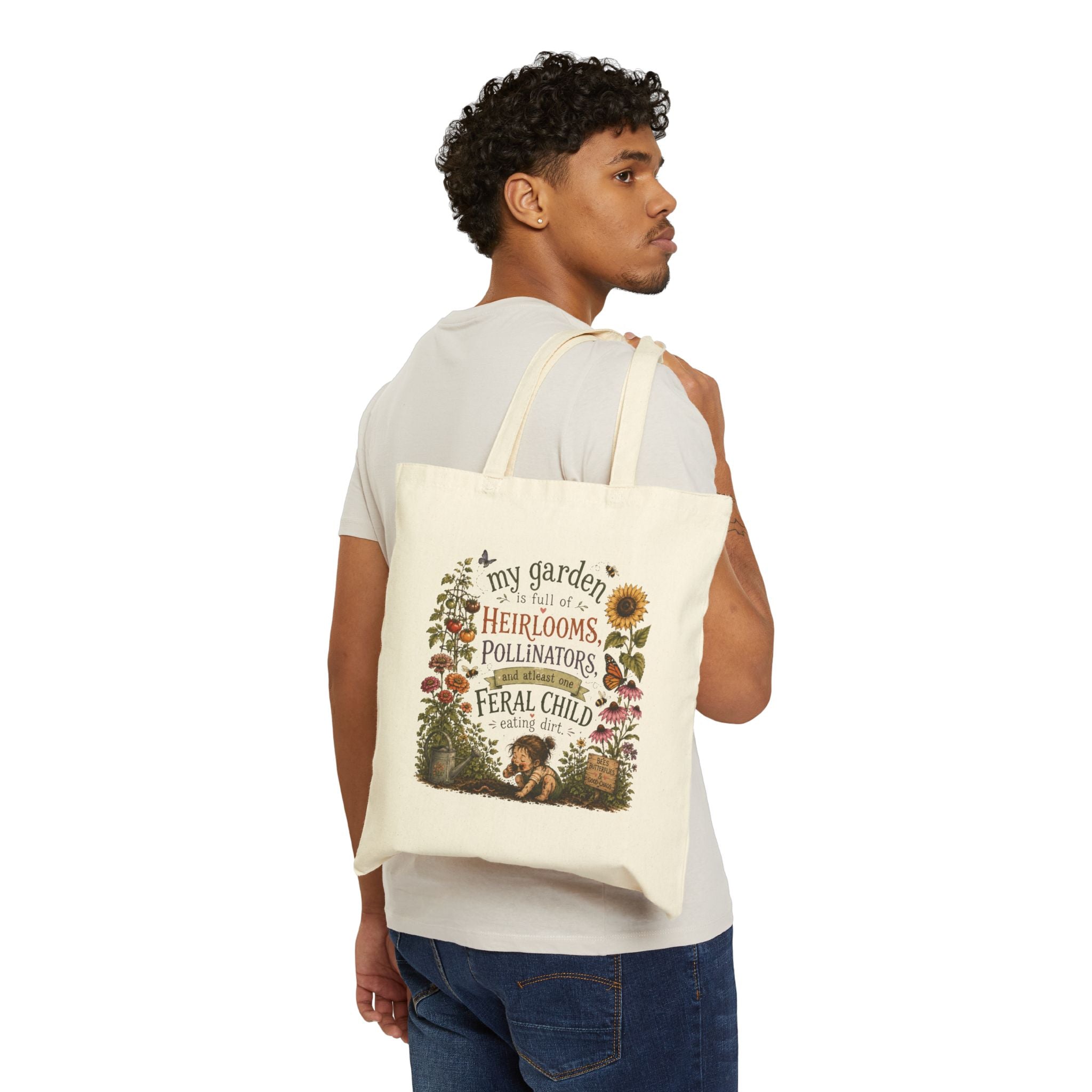 Garden Tote Bag — “My Garden Is Full of Heirlooms, Pollinators & a Feral Child” Cotton Canvas Market Tote