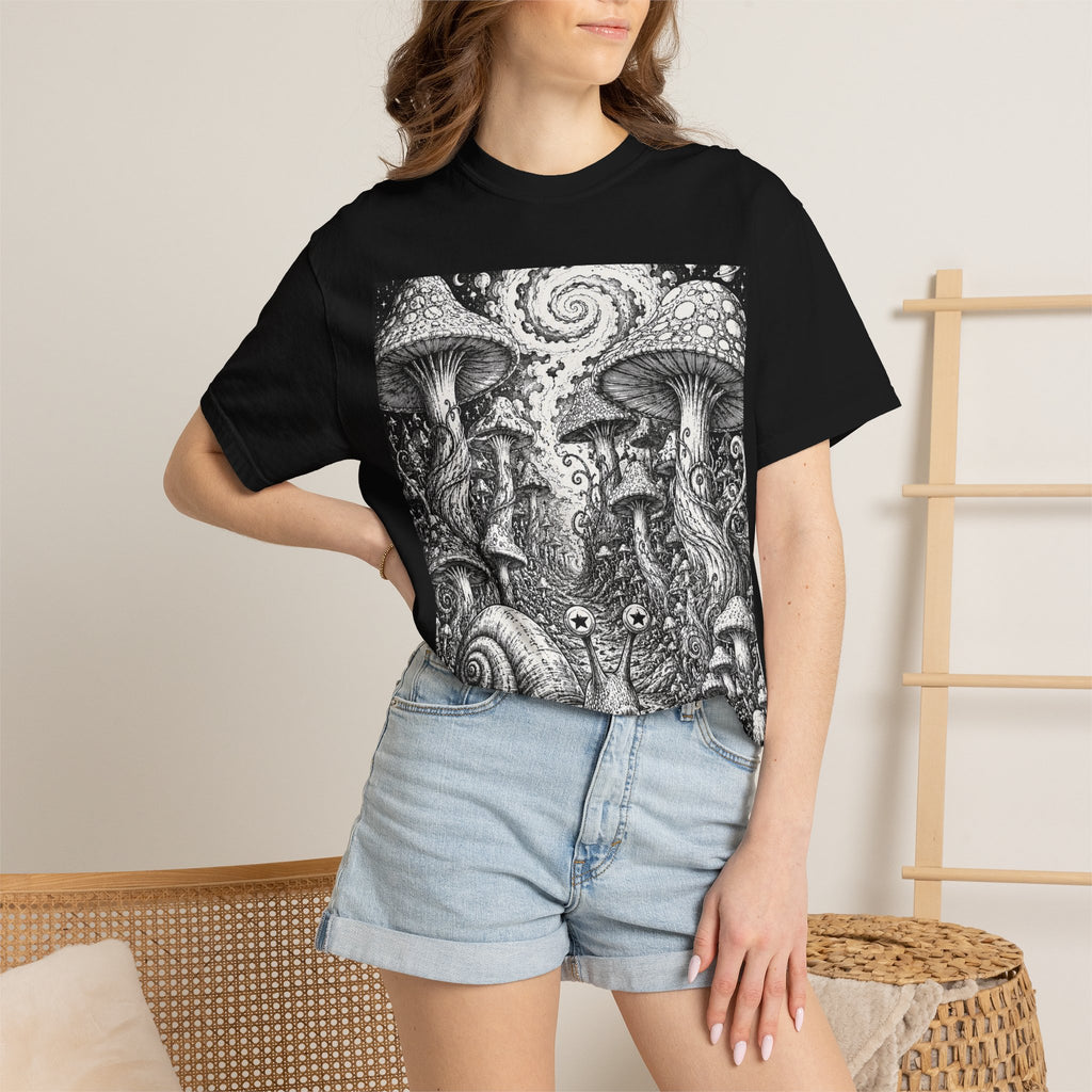 Psychedelic Mushroom Garden T-Shirt — Snail & Fungi Illustration