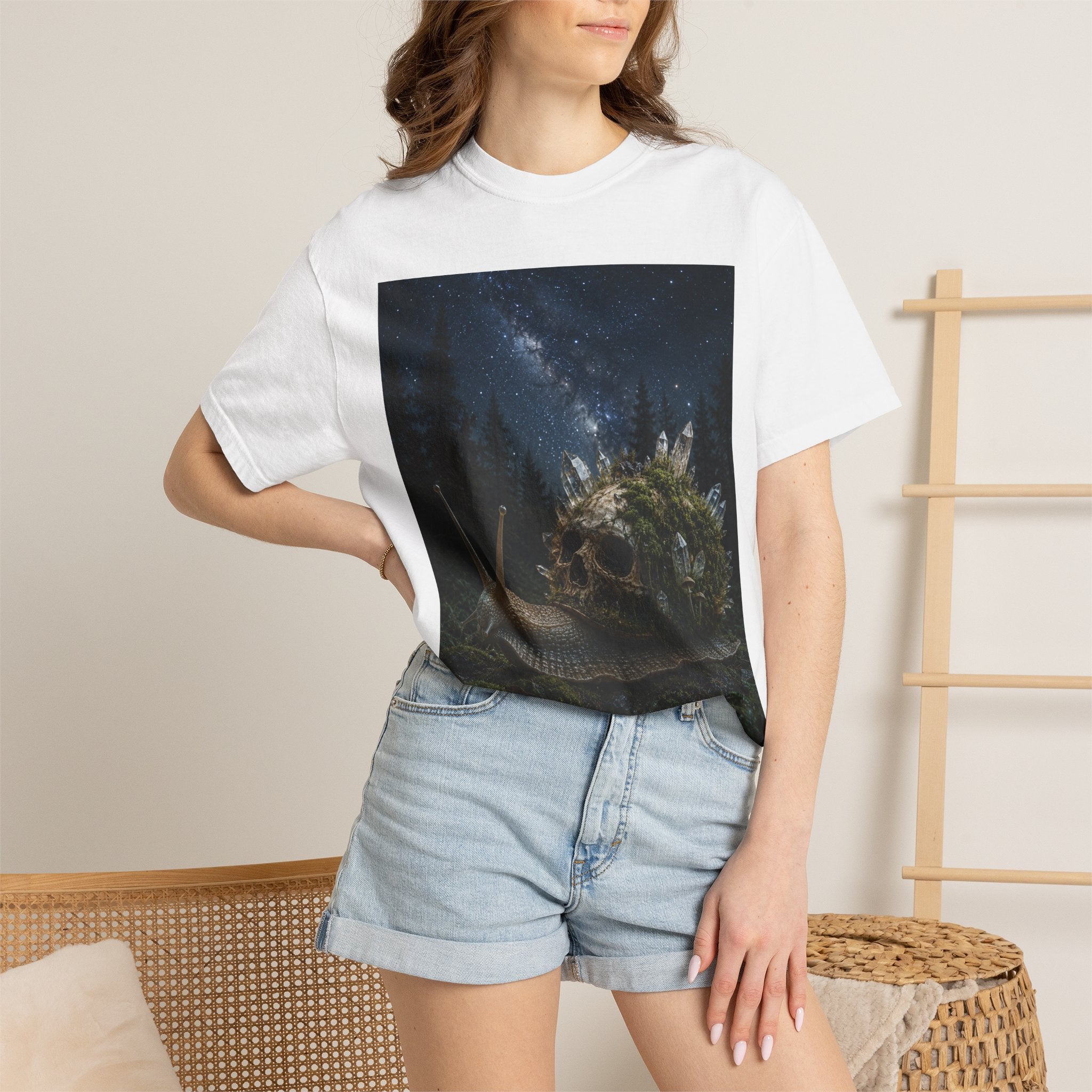 Snail World T‑Shirt — Night Sky Forest Snail Graphic Tee