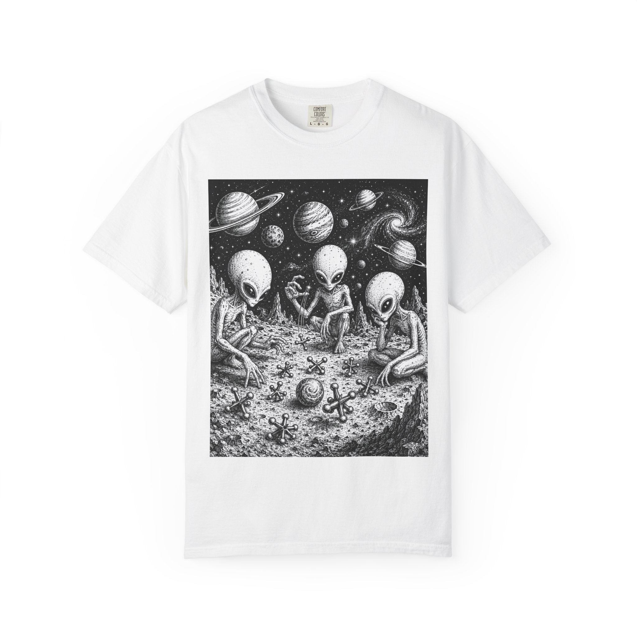 Alien Tea Party T-Shirt — Playful Retro Space Illustration