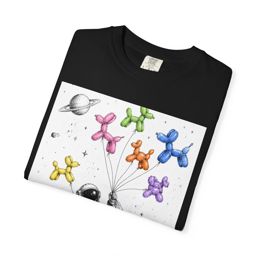 Astronaut Balloon Tee — Space Explorer with Colorful Balloon Dogs