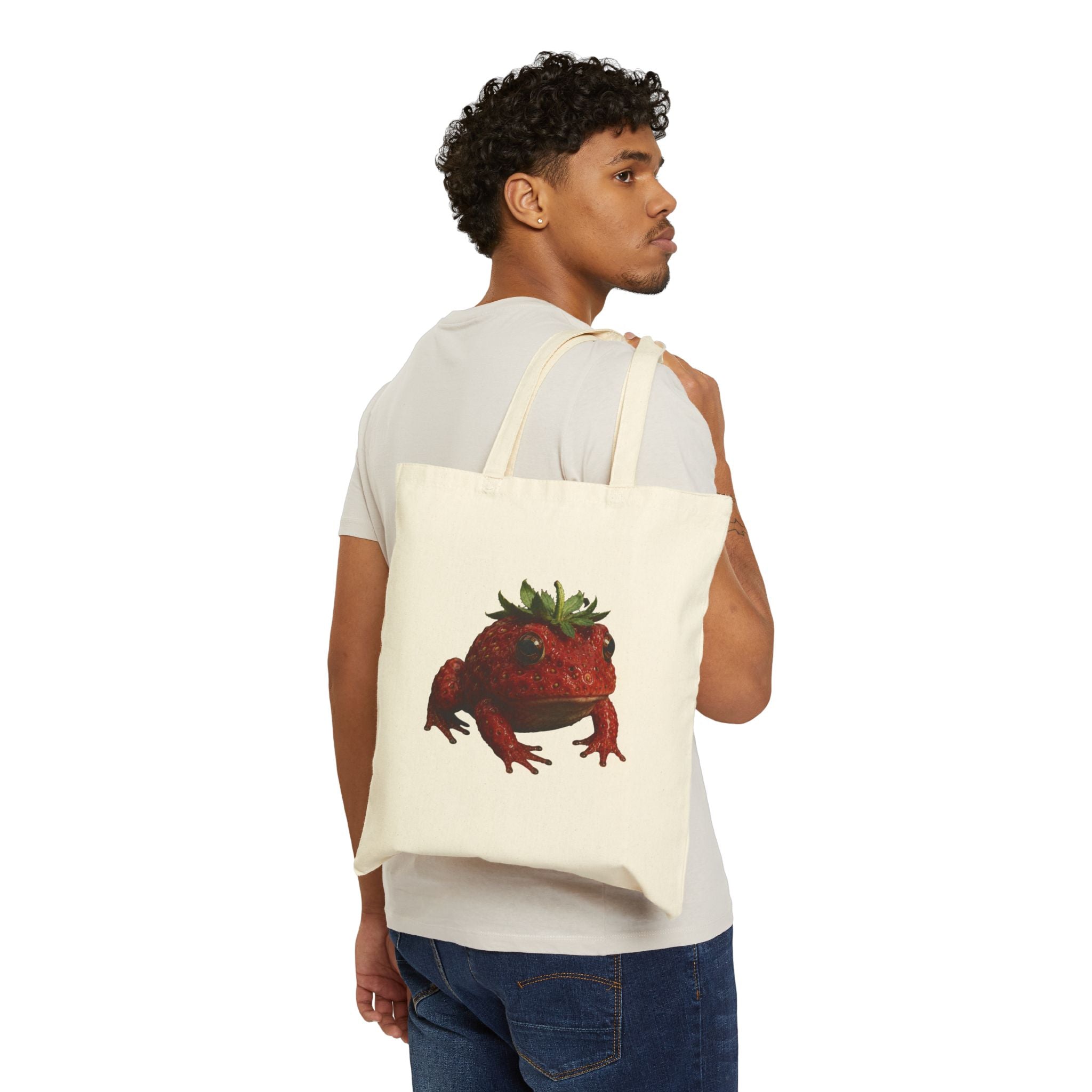 Strawberry Toad Canvas Tote Bag — Cute Botanical Amphibian Grocery Shopper