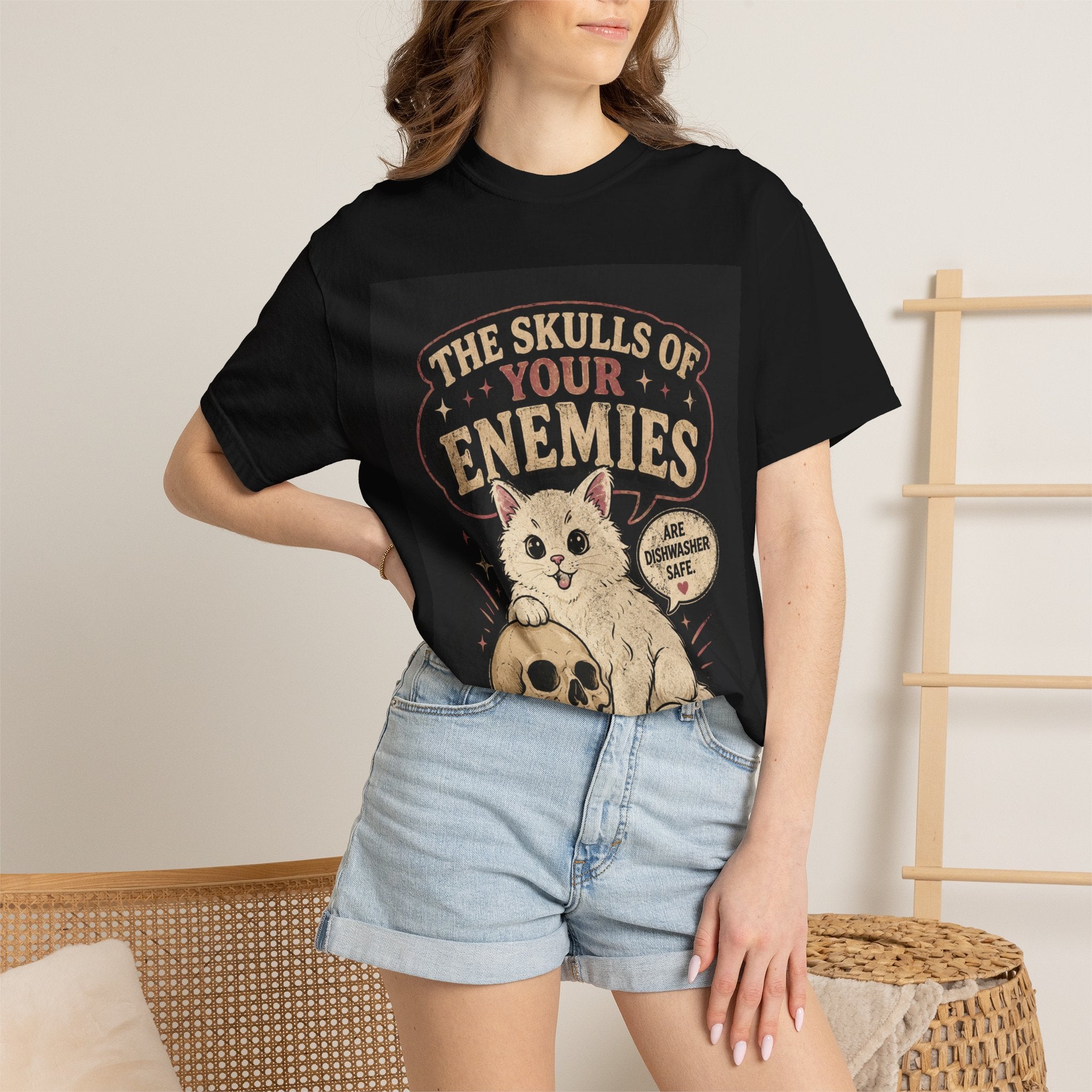 T-Shirt — “The Skulls of Your Enemies” Cute Cat & Skull Graphic