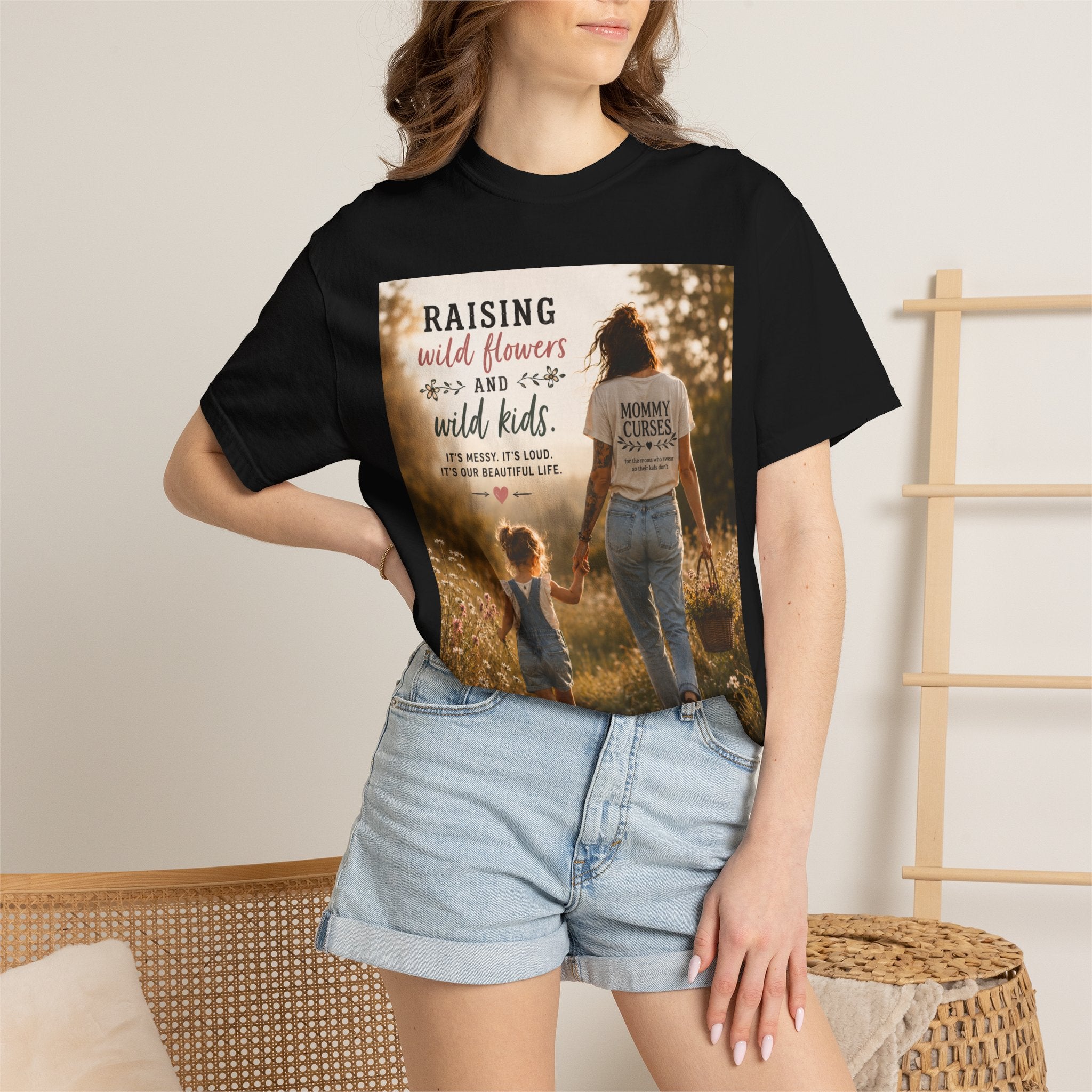 Mom & Daughter Photo T-Shirt — "Raising Wild Flowers and Wild Kids" Vintage Nature Tee