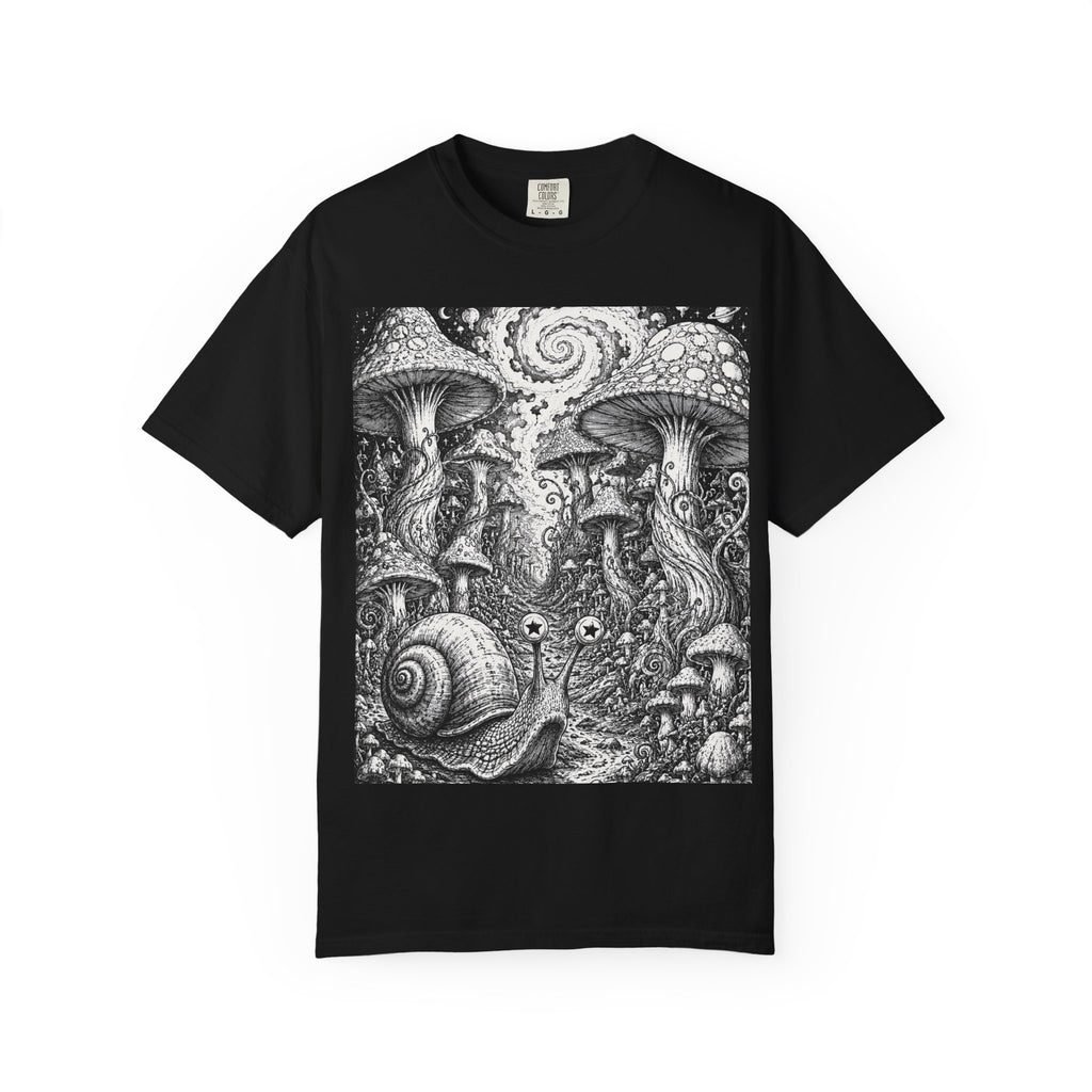 Psychedelic Mushroom Garden T-Shirt — Snail & Fungi Illustration