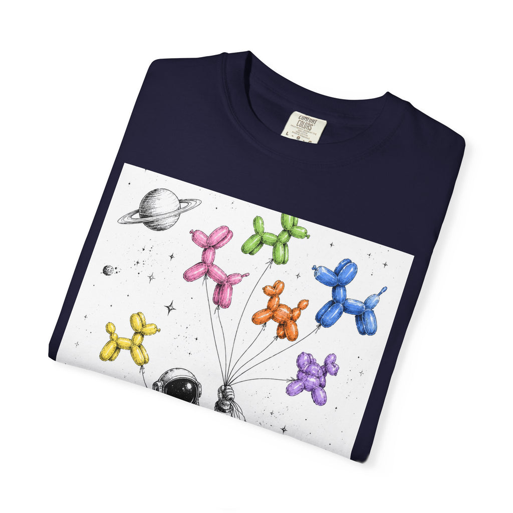 Astronaut Balloon Tee — Space Explorer with Colorful Balloon Dogs