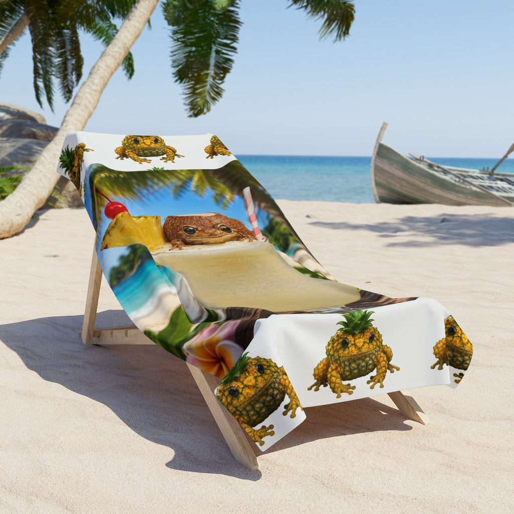 Pina Colada Coconut Frog Beach Towel — Tropical Cocktail Summer Pool Towel