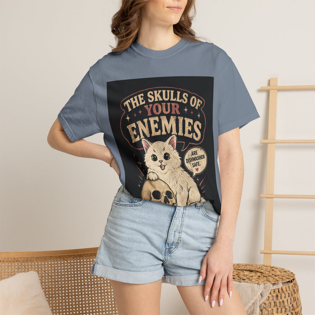 T-Shirt — “The Skulls of Your Enemies” Cute Cat & Skull Graphic