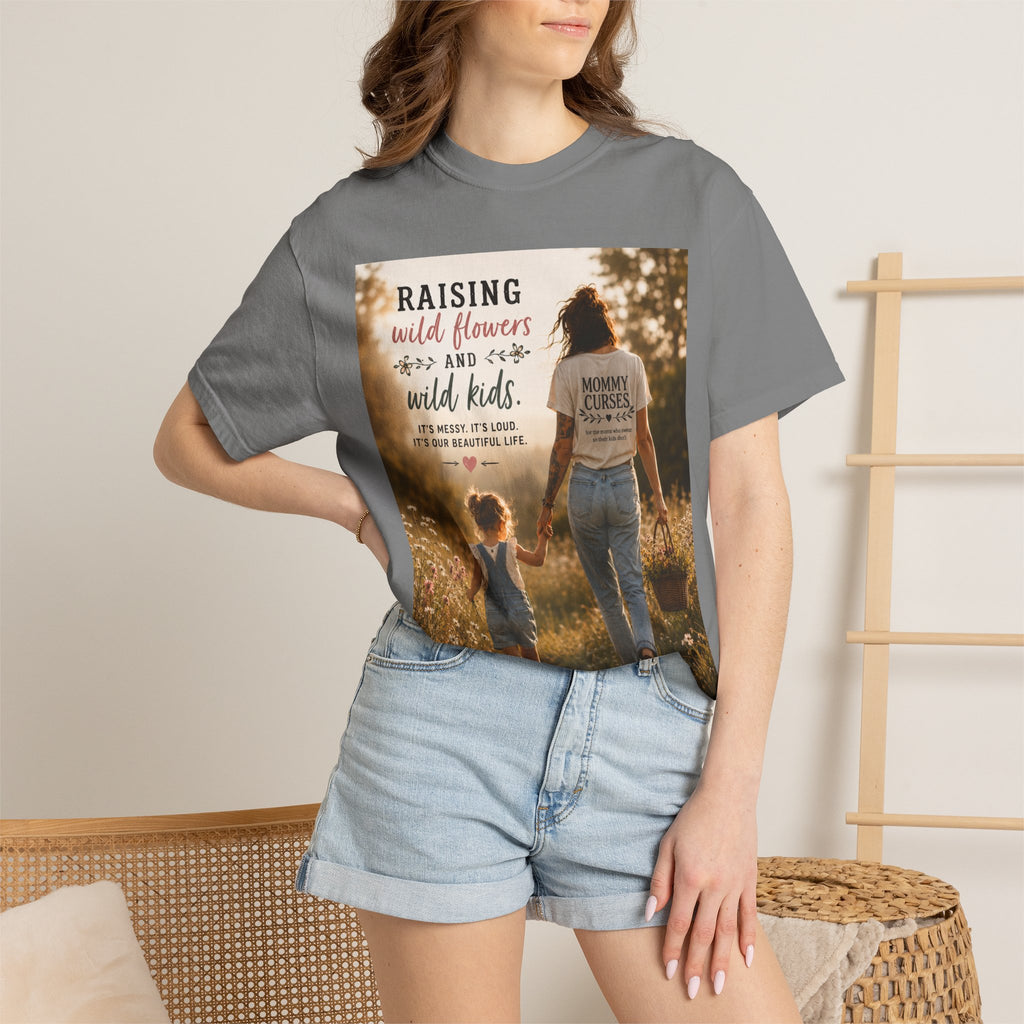 Mom & Daughter Photo T-Shirt — "Raising Wild Flowers and Wild Kids" Vintage Nature Tee