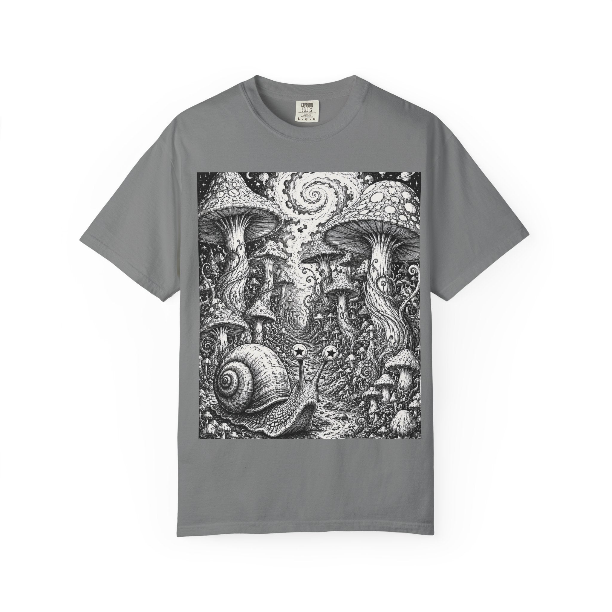 Psychedelic Mushroom Garden T-Shirt — Snail & Fungi Illustration