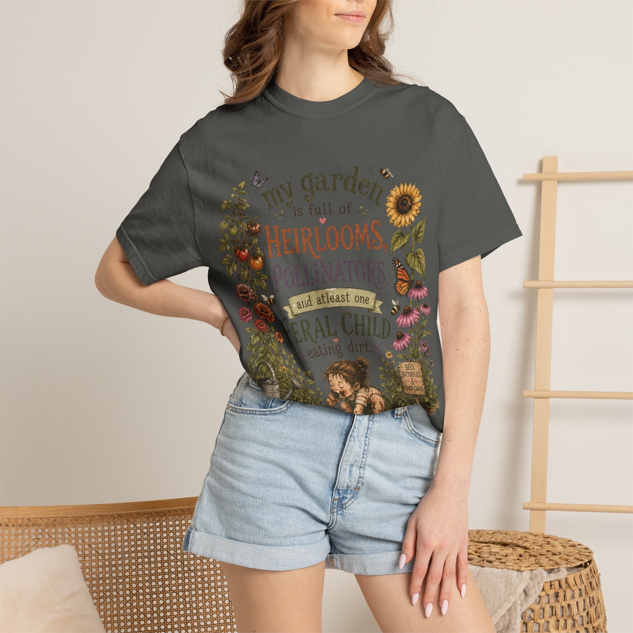 Garden Lover T-Shirt — “My garden is full of heirlooms, pollinators...feral child” Vintage Botanical Tee