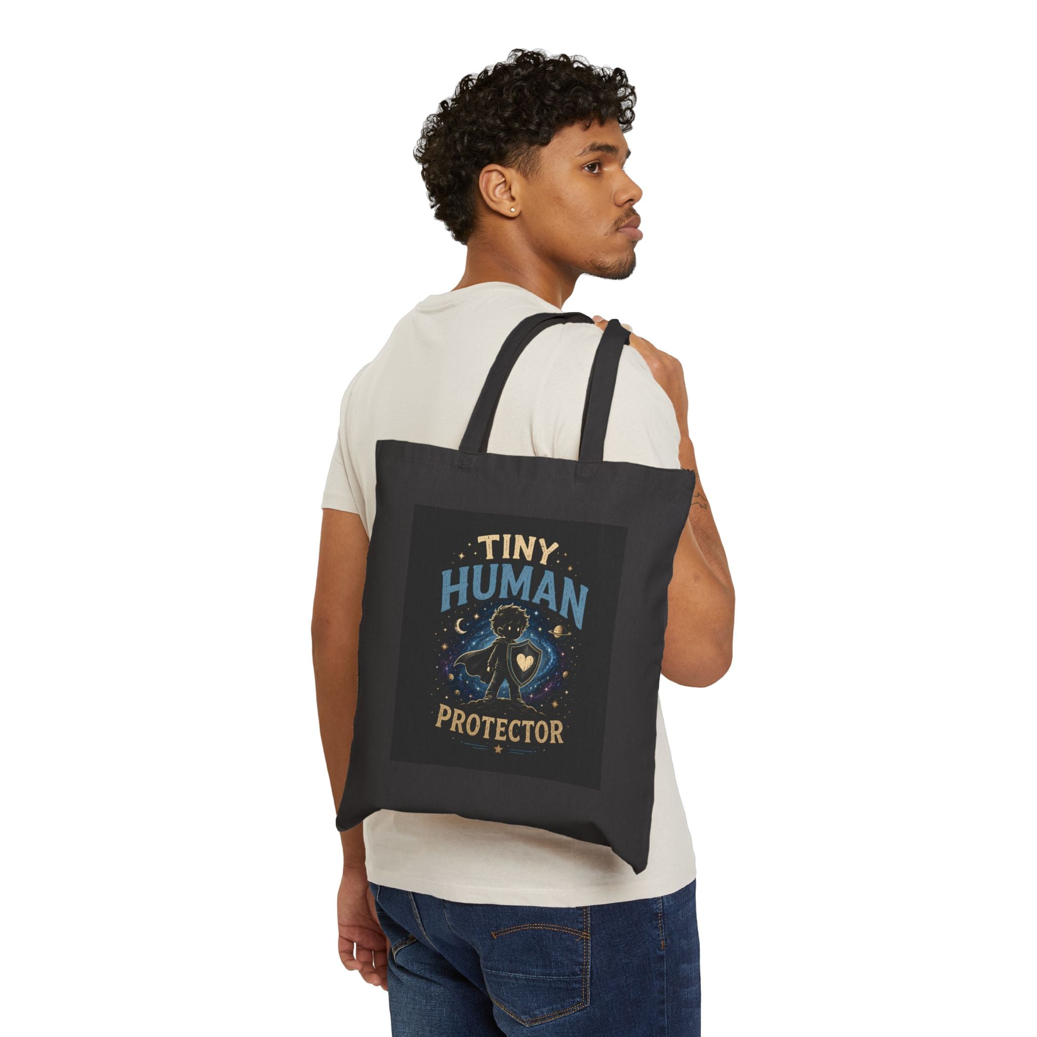Tote Bag — "Tiny Human Protector" Cute Space Dinosaur Baby Guardian Canvas Tote