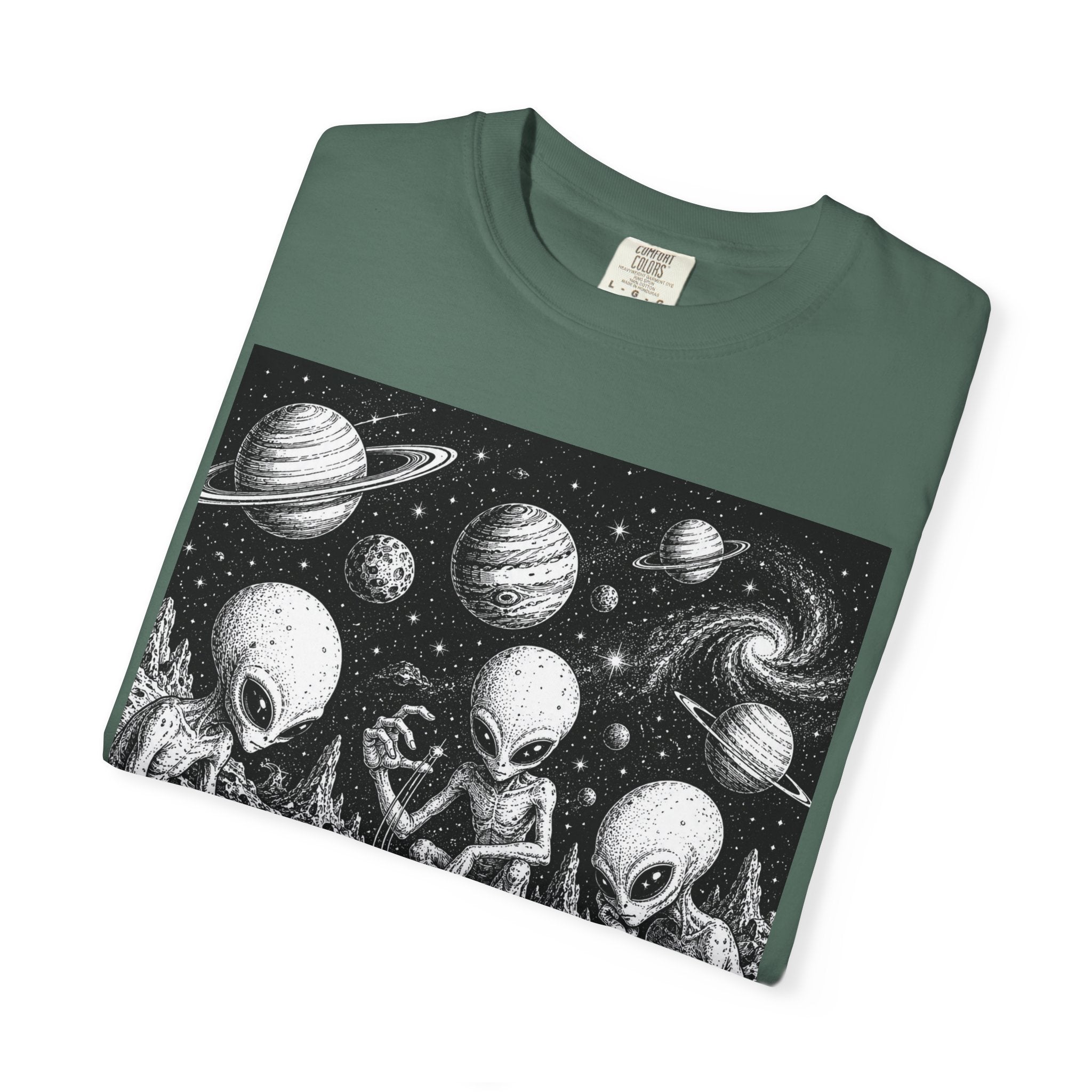 Alien Tea Party T-Shirt — Playful Retro Space Illustration