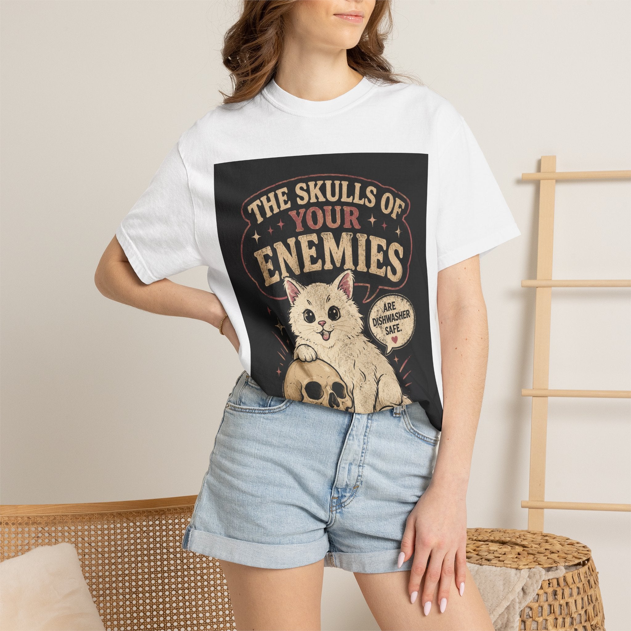 T-Shirt — “The Skulls of Your Enemies” Cute Cat & Skull Graphic