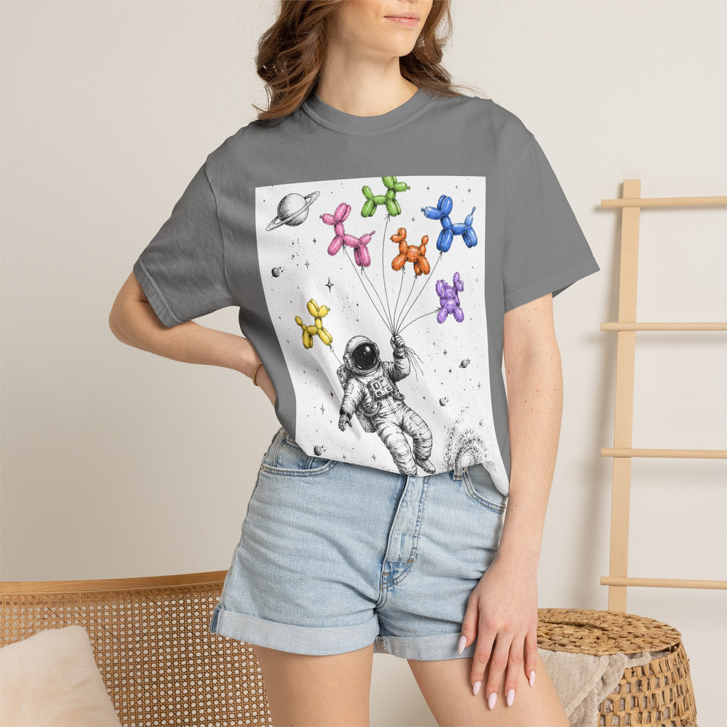 Astronaut Balloon Tee — Space Explorer with Colorful Balloon Dogs