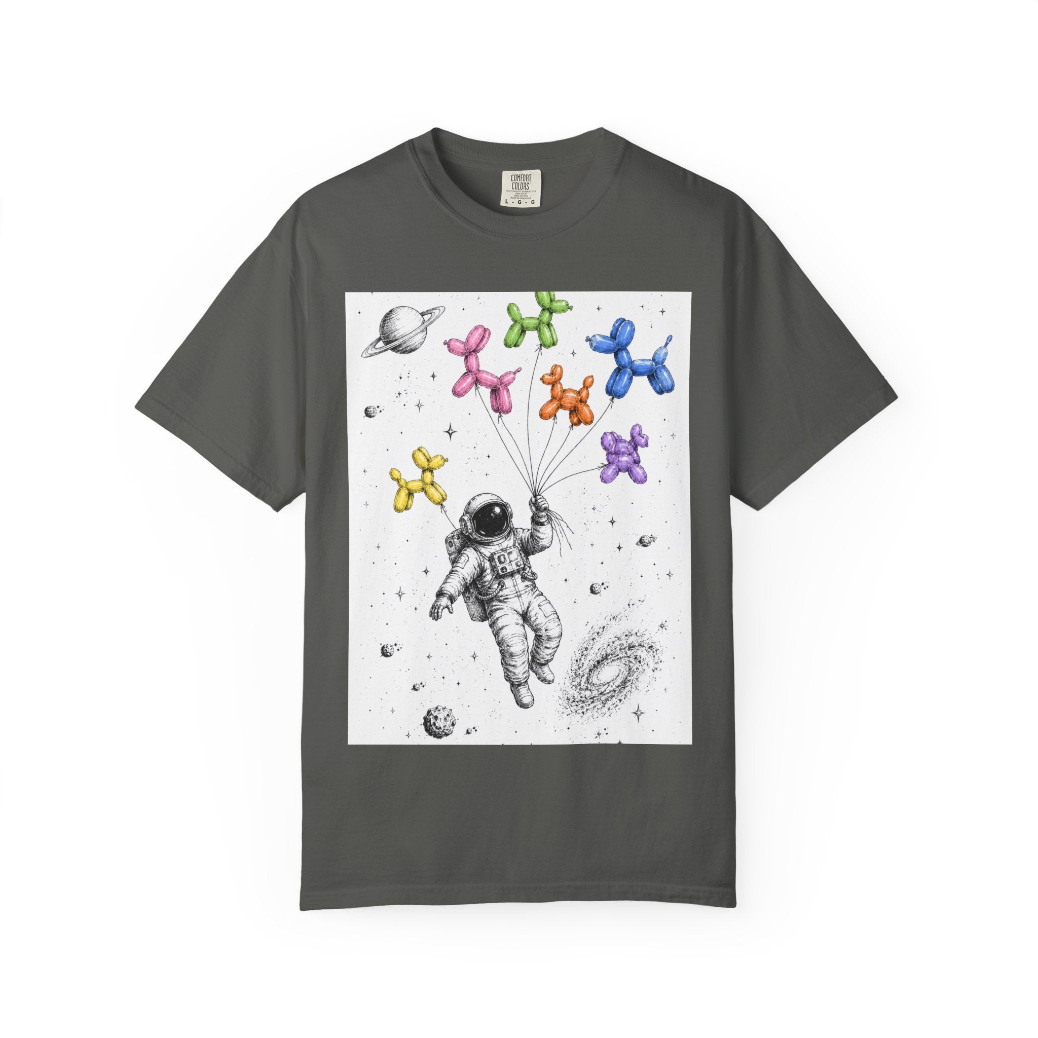 Astronaut Balloon Tee — Space Explorer with Colorful Balloon Dogs