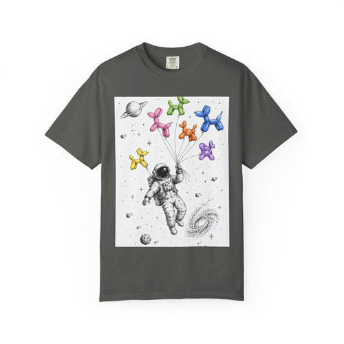 Astronaut Balloon Tee — Space Explorer with Colorful Balloon Dogs