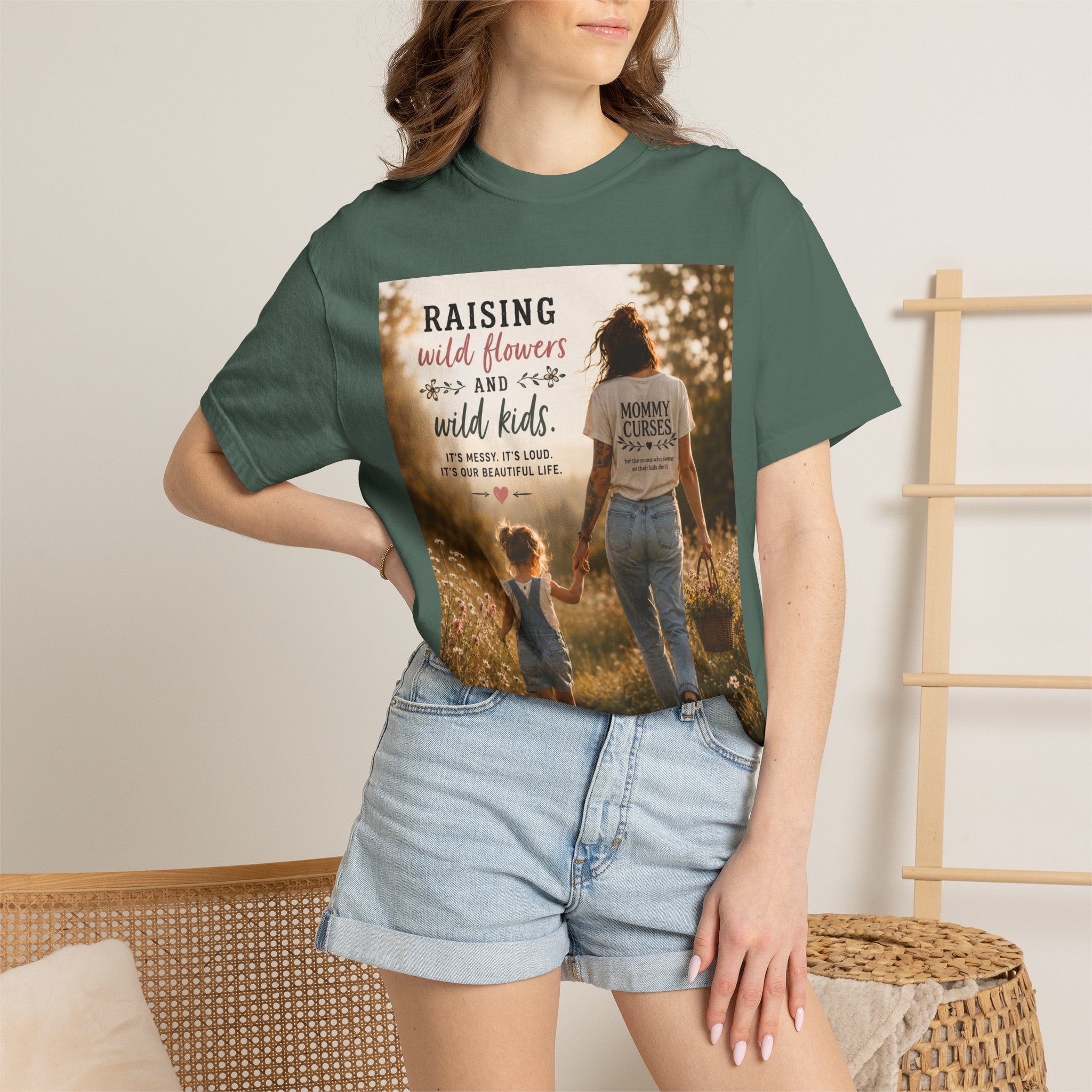 Mom & Daughter Photo T-Shirt — "Raising Wild Flowers and Wild Kids" Vintage Nature Tee