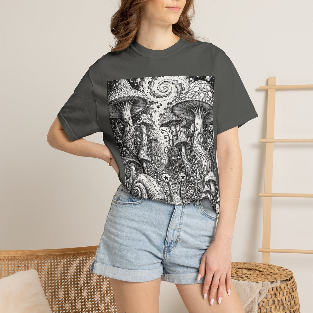 Psychedelic Mushroom Garden T-Shirt — Snail & Fungi Illustration