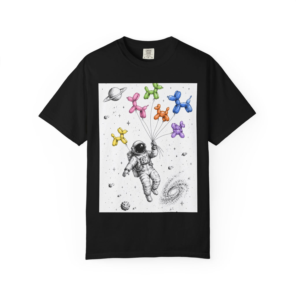 Astronaut Balloon Tee — Space Explorer with Colorful Balloon Dogs