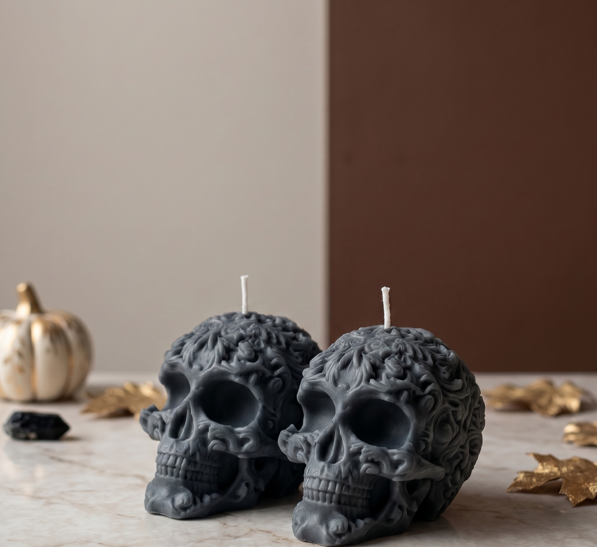 Floral Skull Sculpture Candle – Hand-Poured Soy Wax | Ivory & Gray
