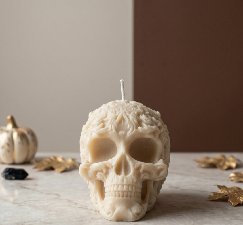 Floral Skull Sculpture Candle – Hand-Poured Soy Wax | Ivory & Gray