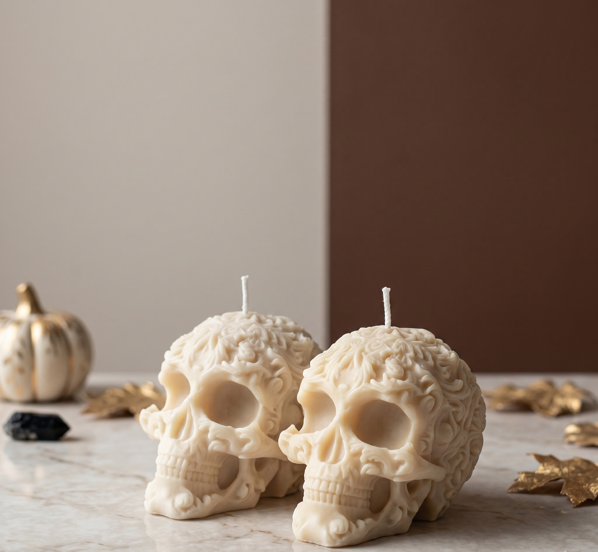 Floral Skull Sculpture Candle – Hand-Poured Soy Wax | Ivory & Gray