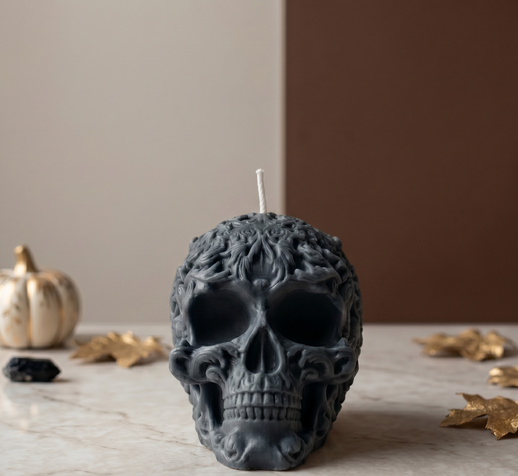 Floral Skull Sculpture Candle – Hand-Poured Soy Wax | Ivory & Gray