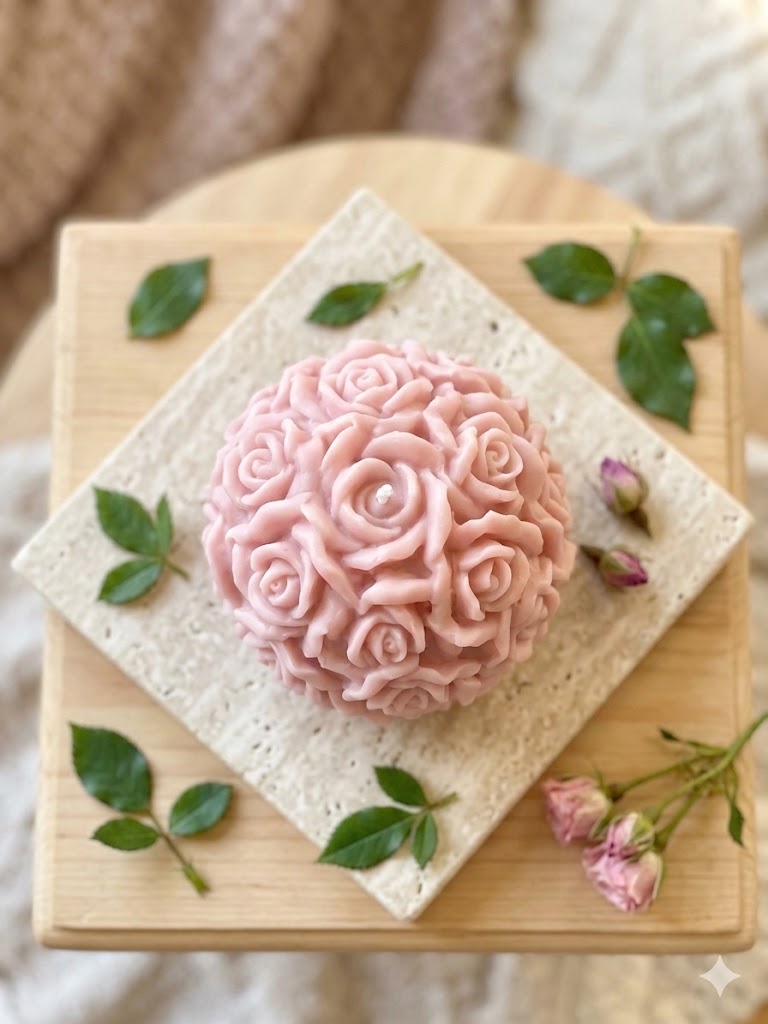 Rose Blossom Sculpture Candle – Hand-Poured Soy Wax | Ivory & Rose Pink
