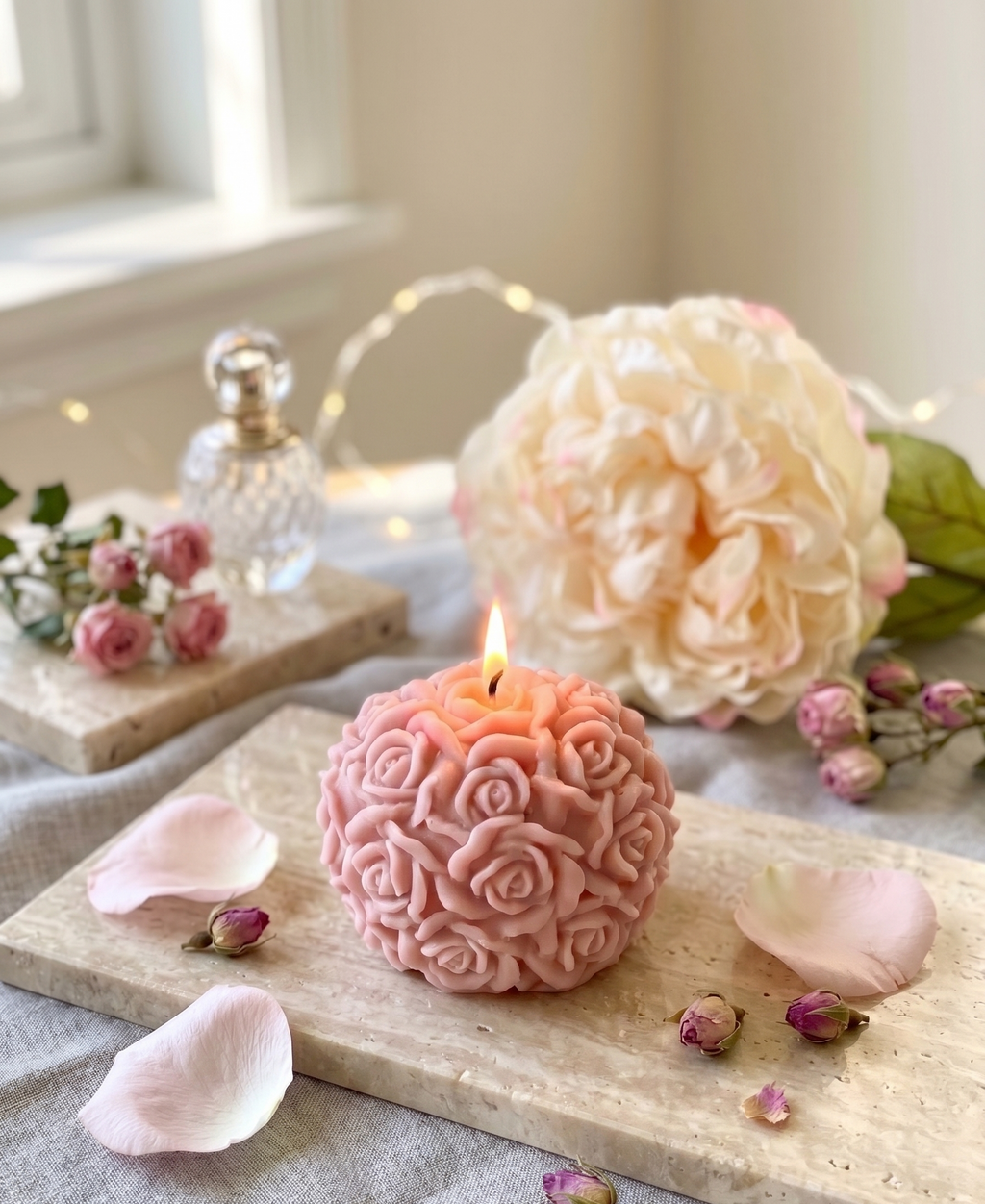 Rose Blossom Sculpture Candle – Hand-Poured Soy Wax | Ivory & Rose Pink