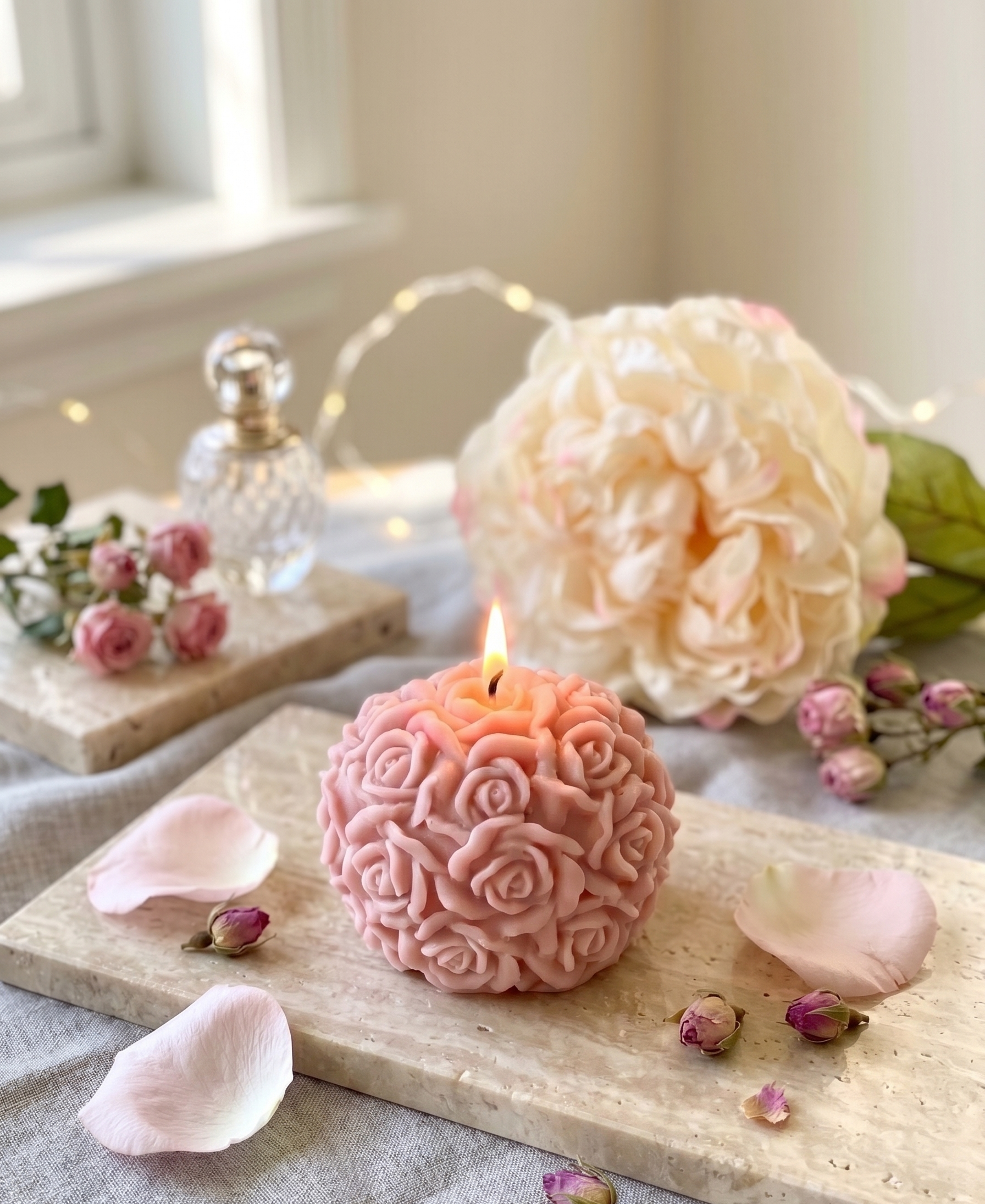 Rose Blossom Sculpture Candle – Hand-Poured Soy Wax | Ivory & Rose Pink